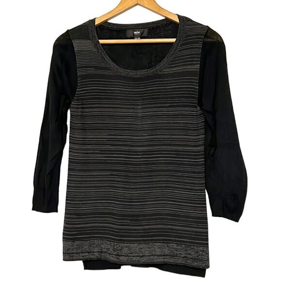 Mossimo Sweater Woman's Medium Black Gray Stripes 3/4 Sleeve Knit Pullover - Picture 1 of 8
